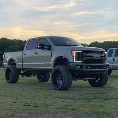 a silver truck parked in a field with two white trucks behind it and trees in the background