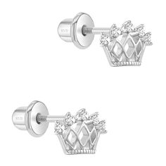 The perfect pair of earrings for the princess of the house. These beautiful crown earrings feature bright and regal cubic zirconia at each crown point for sparkle and shine. Crafted entirely in 925 sterling silver and cubic zirconia stones, they are hypoallergenic and safe for children with sensitive ears. They feature a threaded earring post and back to ensure your child's earrings stay safely and comfortably in place. A complimentary gift box is included . Age Group: Ideal for Young Girls or P Silver Cubic Zirconia Birthday Earrings, Silver Cubic Zirconia Earrings For Birthday, Crown Baby, Crown Earrings, Kids Earrings, Sparkle And Shine, Toddler Kids, The Princess, Sensitive Ears