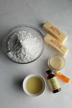 ingredients to make homemade butter cake laid out on a counter top next to each other