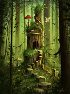 a tree house in the middle of a forest with stairs leading up to it and mushrooms growing