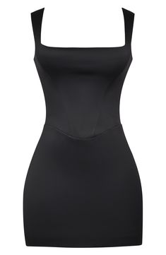 This sleek minidress is cut from luxurious duchess satin in a curve-hugging silhouette that's supported by a corseted bodice to contour your waist. Exclusive retailer Square neck Sleeveless Lined 100% polyester Dry clean Imported Black Dress Corset, Gaga Outfits, Black Minidress, Lady Gaga Outfits, Hugging Silhouette, Duchess Satin, House Of Cb, Glam Dresses, Fabric Gifts