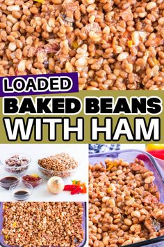 baked beans with ham in the middle, and on top of each other is an image of