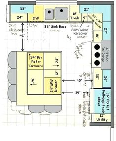 the kitchen floor plan is shown with measurements for each area and how to use it