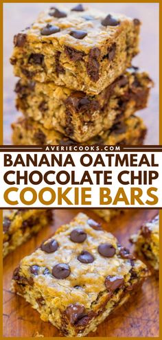 banana oatmeal chocolate chip cookie bars are stacked on top of each other