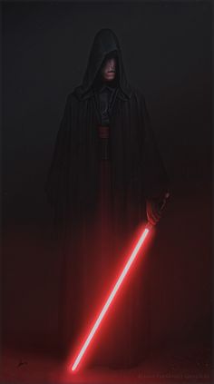 a man in a dark robe holding a red light saber