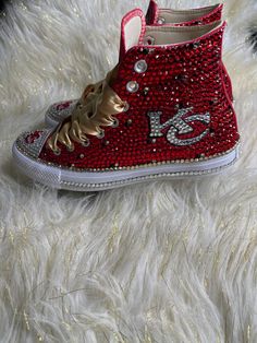 Custom Bling Converse All Star Chuck Taylor Sneakers. All designs handmade and embellished with a variety of high-quality crystals. Good for weddings, proms, homecomings, birthdays, special events or just your everyday girly girl. Shoe Details: Chiefs Converse, KC Chiefs Inspired Custom Converse Red Converse All Star Chuck Taylor Sneaker (Cloth material style) Shoe Size: starting at women's size 5 to women's size 12; Size availability may vary based on our supplier's current inventory. If your s Boujee Shoes, Blinged Shoes, Bedazzled Sneakers, Junk Socks, Chucks Shoes, Rhinestone Converse, Bedazzled Shoes Diy, Bling Sneakers, Bedazzled Shoes