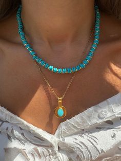 Step up your style with this stunning Turquoise Beaded Necklace set! Featuring a mix of turquoise and gold ceramic beads, complemented by unique gold beads, these necklaces exude a summer vibe. The longer necklace boasts a turquoise enamel charm on a gold stainless steel chain. Wear them together or separately for versatile elegance. Only at Christina Christi Store. 👉 My Womens Necklaces Collection: https://etsy.me/2G3pmJD 👉 Express Shipping: https://etsy.me/3ikUnOM MATERIALS - Turquoise Ceram Luxury Gold Turquoise Necklace With Round Beads, Gold Turquoise Necklace With Polished Beads As Gift, Gold Turquoise Necklace With Colorful Beads As Gift, Gold Turquoise Necklace With Round Beads And Natural Stones, Bohemian Gold Turquoise Necklace With Polished Beads, Gold Bohemian Turquoise Necklace With Polished Beads, Elegant Gold Turquoise Necklace With Colorful Beads, Necklaces Collection, Turquoise Beaded Necklace