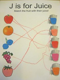 a poster with fruit and juices on it's sides, labeled j is for juice