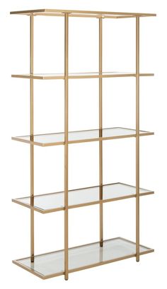 a gold metal shelf with glass shelves on each side and two rows of shelves below