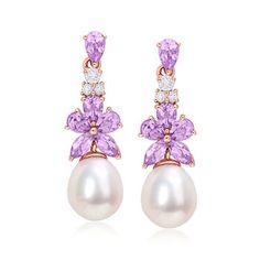 Ross-Simons - Cultured Pearl, 1.94ct t. w. Amethyst, .48ct t. w. White Topaz Drop Earrings Over Sterling. A pretty pair for the poised feminine, these drop earrings suspend silky 8.5-9mm cultured freshwater pearls below beautiful 1.94 ct. t. w. marquise and pear-shaped amethyst flowers. Trios of .48 ct. t. w. round white topaz gems add a lovely hint of sparkle. Crafted in 18kt rose gold over sterling silver. Hanging length is 1 1/16". Post/clutch, white topaz, amethyst and white pearl drop earri Elegant Purple Drop Earrings, Elegant Purple Earrings For Pierced Ears, Elegant Amethyst Earrings For Formal Occasions, Elegant Purple Gemstone Pearl Earrings, Elegant Amethyst Dangle Earrings, Purple Dangle Bridal Earrings For Formal Occasions, Elegant Lavender Drop Earrings, Lavender Drop Earrings For Formal Occasions, Lavender Dangle Earrings For Formal Occasion