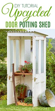 an outdoor potting shed with plants in it and text overlay that reads diy tutor