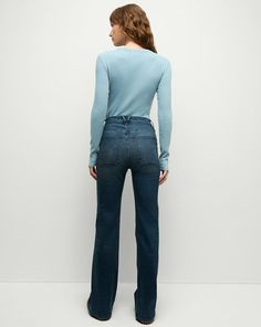 The Crosbie you know and love. Made in LA from super-stretch Italian denim, this high-rise, wide-leg silhouette is finished with both front and back patch pockets. We love pairing this with a simple tee and platform heels for a casual-chic style.92% Cotton, 6% Elastomultiester, 2% ElastaneMade in USA from premium Italian denimTurn inside out and machine wash cold. Hang to dry.Style #J24114850061NA Denim Blue Flare Jeans, Simple Tees, Casual Chic Style, Veronica Beard, Piece Dress, Platform Heels, Stretch Cotton, Patch Pocket, Casual Chic