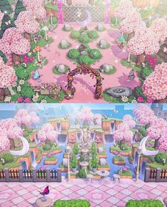 an image of a garden with flowers and trees in the center, surrounded by pink tiles