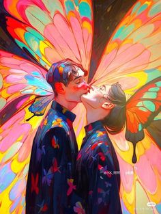 a painting of two people kissing with a butterfly wings on their head and the woman's face is painted multicolored