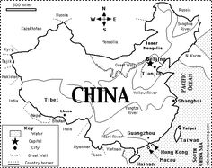 a map of china with the capital and major cities in black and white, as well as other countries