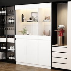 a white cabinet with lots of bottles in it