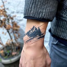 Wrist Tattoos For Men Ink Master Tattoo Files Mens Matching Tattoos, Mountain Forearm Tattoo, Mountain Wrist Tattoo, Mens Fine Line Tattoos, Men's Tattoo Ideas Arm, Men Tattoo Sleeve, Country Tattoos For Men, Men’s Tattoos, Tattoos For Men Forearm