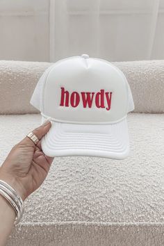 Hey there HOWDY!! These new trucker hats are sure to be your new go to accessory. And comes in 2 colors, we think you need both!!  SnapBack mesh style trucker hat, Howdy on the front, comes in 2 colors Nashville Bachelorette Party Outfit, Wedding Guest Romper, Party Bottoms, Nashville Bachelorette Party, Bachelorette Party Beach, Nashville Bachelorette, Bachelorette Party Outfit, Amazing Lace, Denim Romper