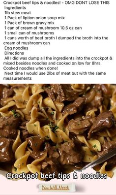 the recipe for beef and noodles is shown