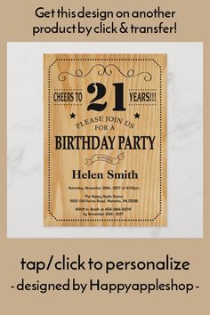 a wooden birthday party card with the number one on it and an image of a cake