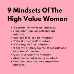 a pink poster with the words 9 minds of the high value woman