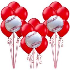 a bunch of red and white baseball balloons