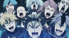 an anime group with their mouths open in front of the camera, all wearing blue and pink hair