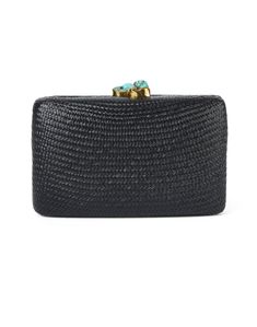 Update your evening look with Kayu's chic woven straw clutch. This style has been made larger to fit all of your essentials, including the iPhone Plus! The closure is adorned with turquoise stones and gold-tone border for a delicate accent. Perfect for an effortlessly polished look, this clutch can be styled with everything from a daytime dress to a cocktail attire. Elegant Woven Clutch For Vacation, Elegant Turquoise Bag For Formal Occasions, Elegant Black Summer Clutch, Elegant Woven Clutch, Chic Woven Clutch For Formal Occasions, Formal Woven Clutch, Elegant Evening Clutch With Woven Details, Elegant Woven Clutch For Evening, Rectangular Woven Evening Clutch