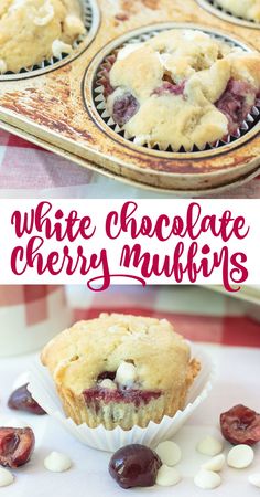 white chocolate cherry muffins in a muffin tin