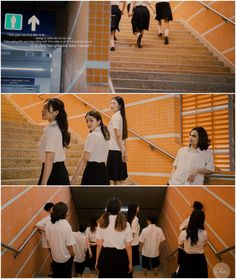 the girls are walking up and down the stairs in school uniforms, one girl is wearing a white t - shirt