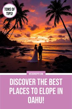 Silhouetted couple standing on a beach with a colorful sunset in Oahu, surrounded by palm trees.