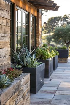 several planters are lined up on the side of a building