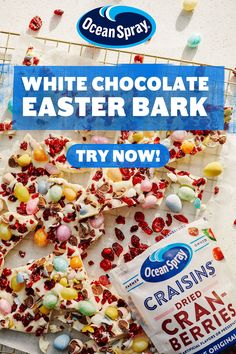 white chocolate easter bark with cranberries and jelly beans next to an ocean spray bottle