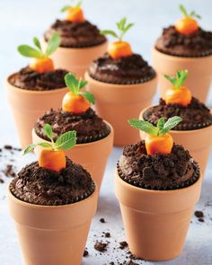 chocolate cupcakes with carrots on top in small clay pots, ready to be eaten