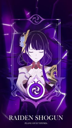 the anime character raden shogun is sitting in front of a purple and black background