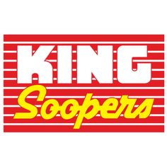 the king soopers logo on a red and white striped background with yellow lettering that reads,'king soopers '