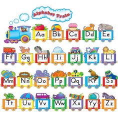 the alphabet is made up of colorful train cars and animals on it's sides