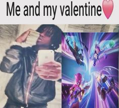 a man holding a cell phone in front of a poster with the words me and my valentine on it