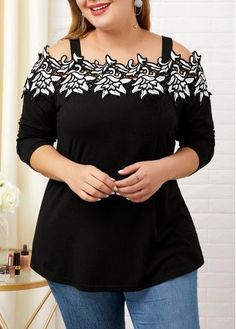 Three Quarter Sleeve Blouses, Cold Shoulder Lace, Autumn T Shirts, Elegante Casual, Sleeve Women, Flower Applique, Sleeves Pattern, Women Tops, Plus Size T Shirts