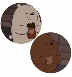 two circular pictures with cartoon bears eating and one holding a chocolate bar in it's mouth