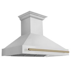 an image of a white kitchen hood with gold trimmings on the top and bottom