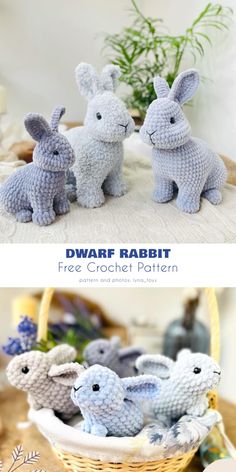 three crocheted rabbits sitting on top of a table next to a basket filled with flowers