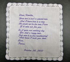 a white doily with a poem written in purple on the front and back of it