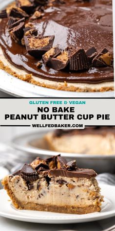 no bake peanut butter cup pie on a white plate with the text gluten free and vegan