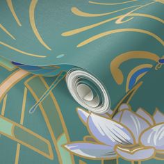 a blue and gold wallpaper with an artistic flower design on the bottom half of it