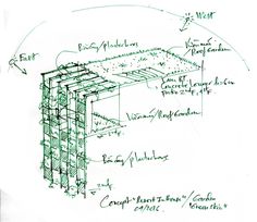 a drawing of a wooden structure with several sections labeled in green ink on white paper