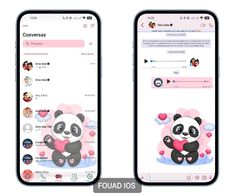 two cell phones with pandas and hearts on them, one is showing conversation bubbles