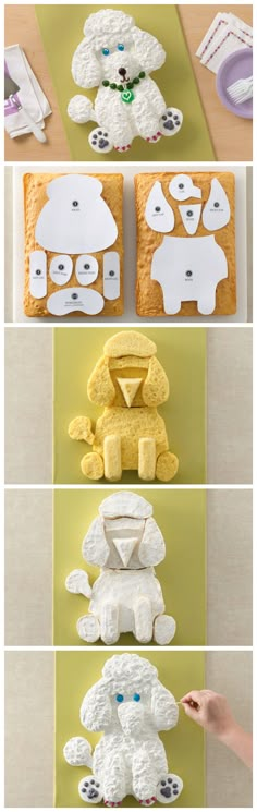 there are four pictures of different animals made out of bread