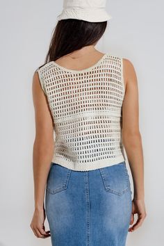 Subcategory: Vest . Neck: V-neck neckline. Sleeves: Sleeveless style. Fit: Relaxed fit. Style: Boho. Detail: Cable knit . Fabric: Crochet. Zipper: Button placket. runs true to size. U. 60% Cotton 40% Polyester Spring Open Knit V-neck Tank Top, Casual V-neck Open Knit Crochet Top, Summer V-neck Knit Top For Day Out, Beach V-neck Stretch Knit Top, Sleeveless Knit Top For Beach, Fitted V-neck Summer Vest, Summer Cotton V-neck Vest, Knit V-neck Tank Top For Day Out, V-neck Open Knit Tank Top