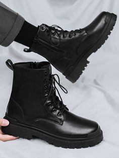 Black  Collar   Plain Combat Boots Embellished   Men Shoes Leather Street Style, Boots Outfit Men, Black Boots Men, Combat Boots Men, Punk Shoes, Army Boots, Botas Chelsea, Ankle Boots Men, Black Combat Boots